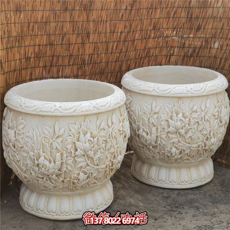 漢白玉浮雕荷花養魚缸，精美庭院裝飾戶外中式花盆