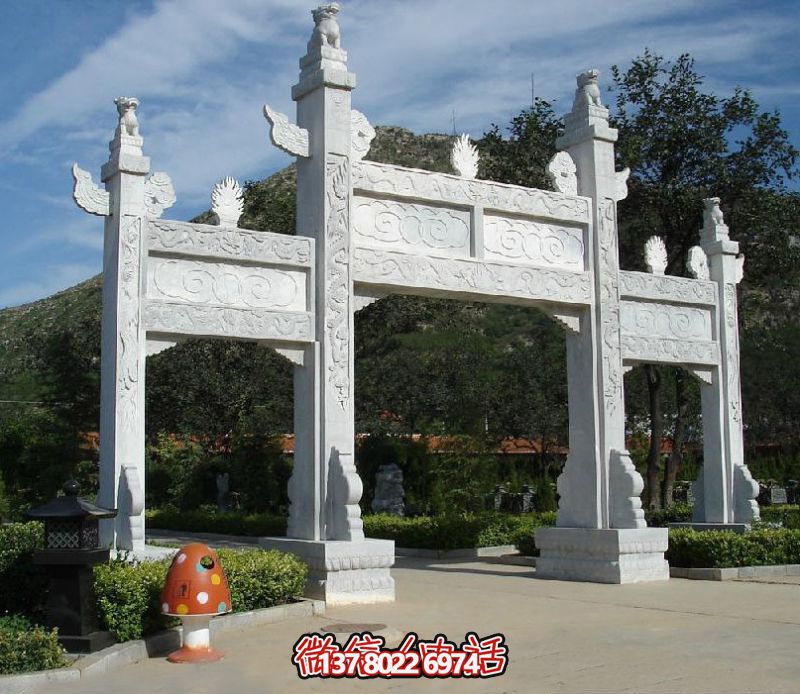 精致園林景觀，漢白玉華表浮雕祥云門樓石牌坊