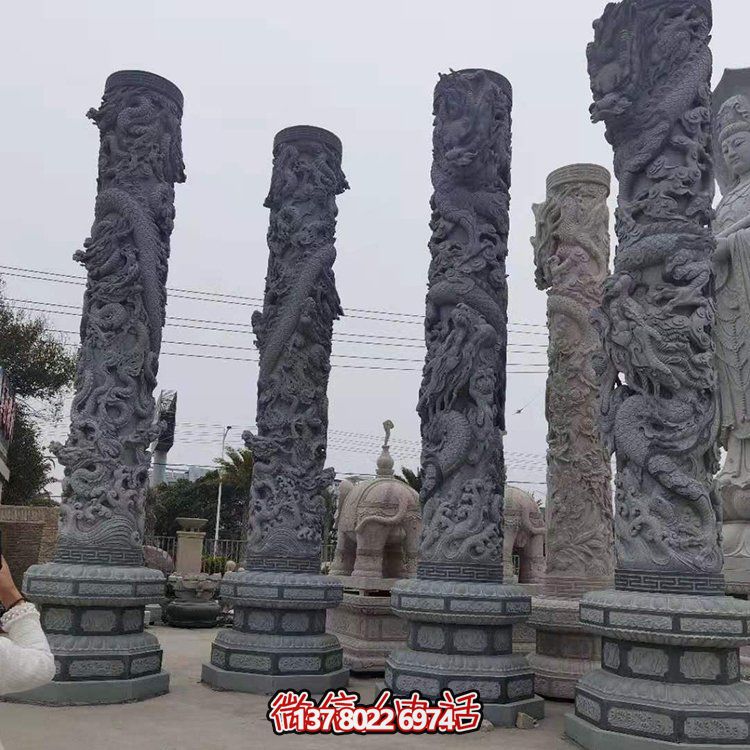 青石浮雕龍柱，精美石雕園林景觀裝飾