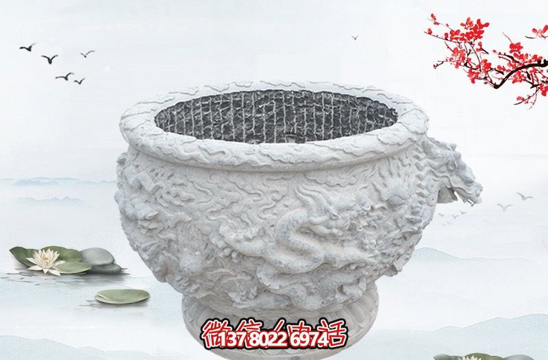 漢白玉石雕龍浮雕水缸雕塑，為庭院增添優(yōu)雅氣息