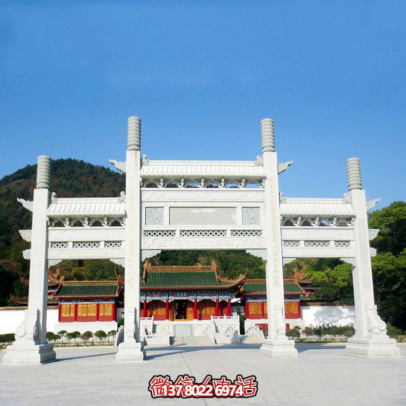寺廟門(mén)前擺放漢白玉三門(mén)無(wú)樓石柱牌坊 寺廟門(mén)前擺放漢白玉三門(mén)無(wú)樓石柱牌坊