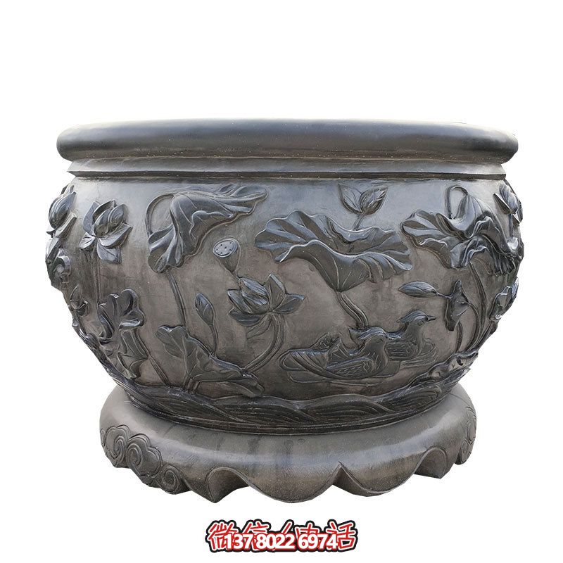 仿古水缸浮雕荷花庭院水池缸石頭圓缸室外石水槽 仿古水缸浮雕荷花庭院水池缸石頭圓缸室外石水槽