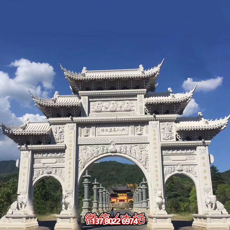 大型漢白玉寺院景區三門石雕牌樓 大型漢白玉寺院景區三門石雕牌樓