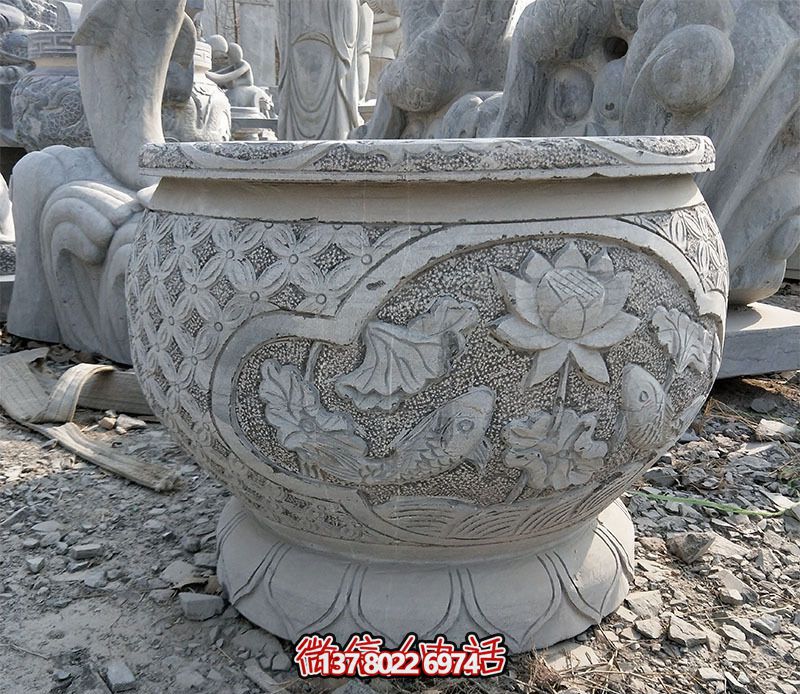 庭院仿古水缸景觀石雕荷花缸雕塑 庭院仿古水缸景觀石雕荷花缸雕塑